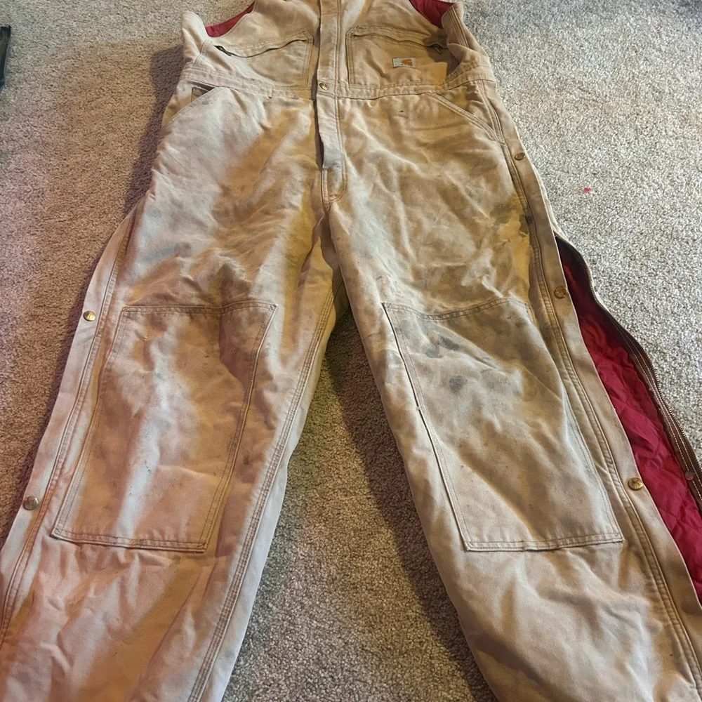 Khaki distressed Carhartt Overalls with Red Lining - Picture 6 of 9